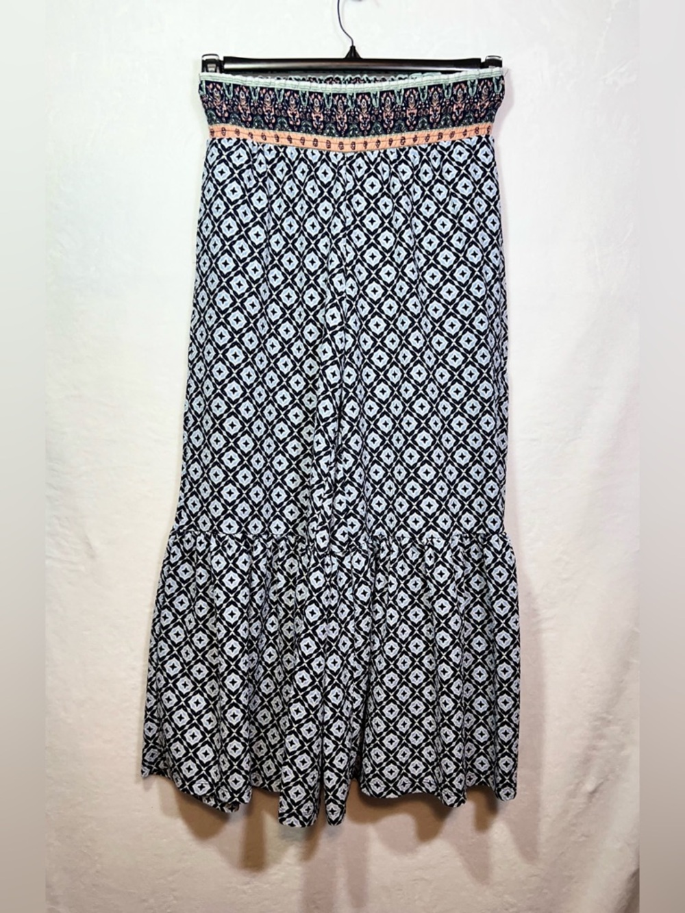 Cato Blue Black Geometric Smocked Waist Wide Leg Ruffle Pants Women L - Picture 9 of 12
